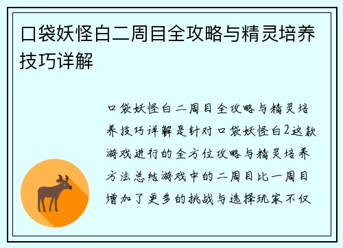口袋妖怪白二周目全攻略与精灵培养技巧详解
